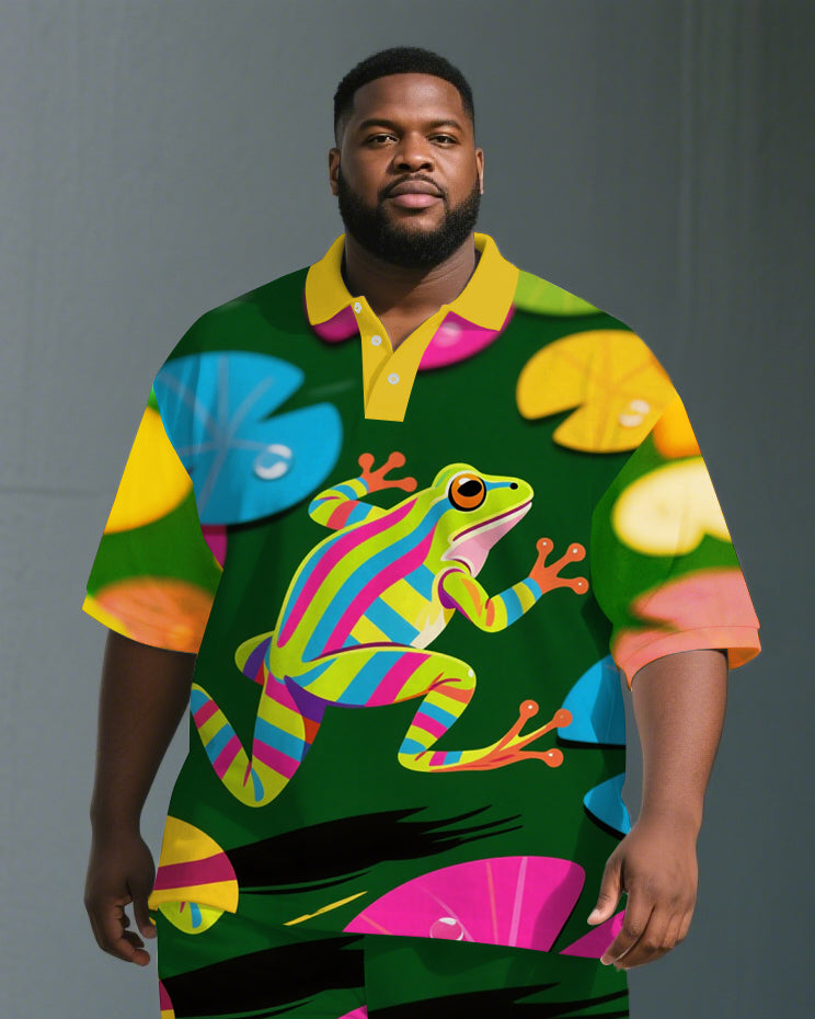 Big Guy's Casual Artistic Frog Cartoon Printed Street Short-Sleeve Polo Shirt & Shorts Set