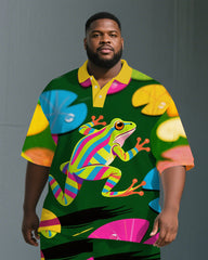 Big Guy's Casual Artistic Frog Cartoon Printed Street Short-Sleeve Polo Shirt & Shorts Set