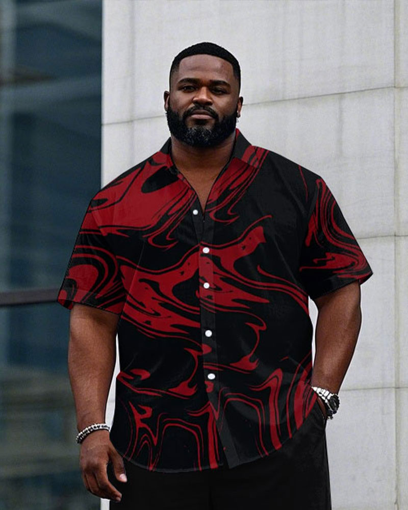 Men's Plus Size Black & Red Magma Print Daily Casual Short Sleeve Shirt Trousers Suit