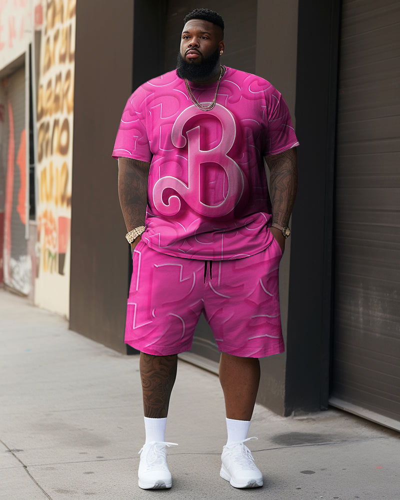 Men's Plus Size Casual Pink Artistic B Letter Two-Piece Set