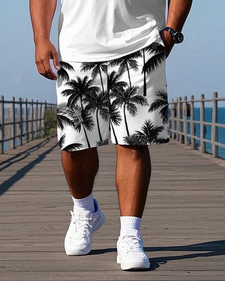Men's Casual Hawaiian Theme Coconut Trees Stripe Printed Big & Tall Short Sleeve Polo Shirt Shorts Set