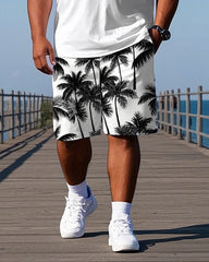 Men's Casual Hawaiian Theme Coconut Trees Stripe Printed Big & Tall Short Sleeve Polo Shirt Shorts Set