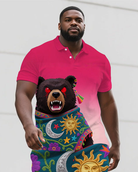 Big Men's Ethnic Cartoon Bear Printed Casual Retro Short-Sleeve Polo Shirt Shorts Set