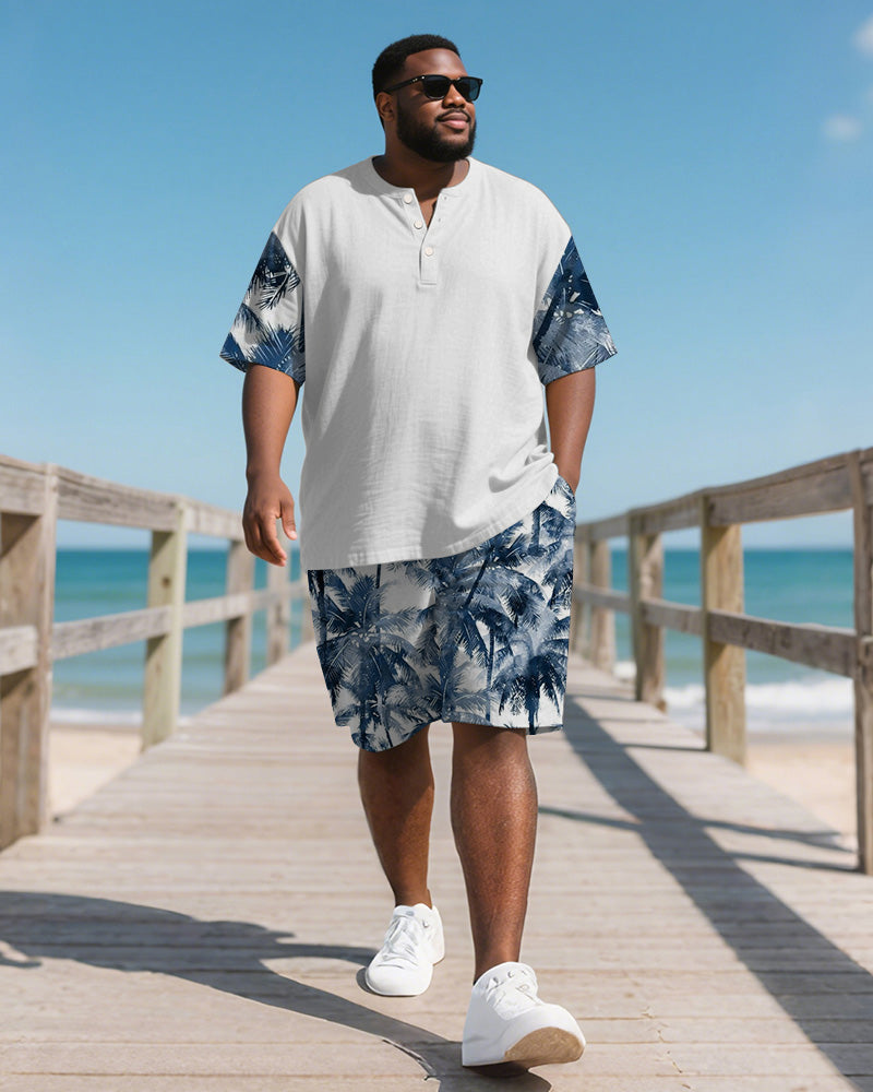 Men's Plus Size Hawaiian Blue Coconut Leaf Print Henry Collar Short Sleeve T-Shirt Shorts Suit