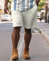 Men's Plus Size Business Apricot Blue Stripe Print Short Sleeve Polo Shirt Shorts Suit