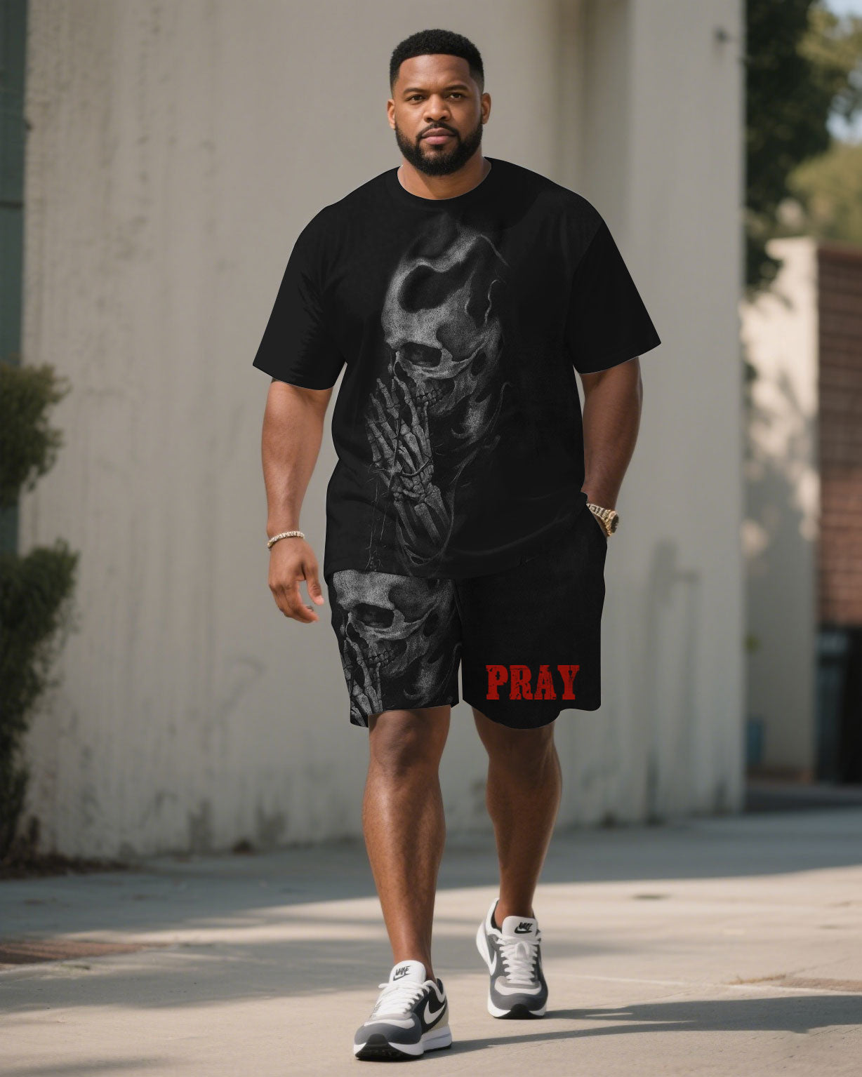 Men's Plus Size Black Prayer Skull Gesture Print Short Sleeve T-Shirt Shorts Suit