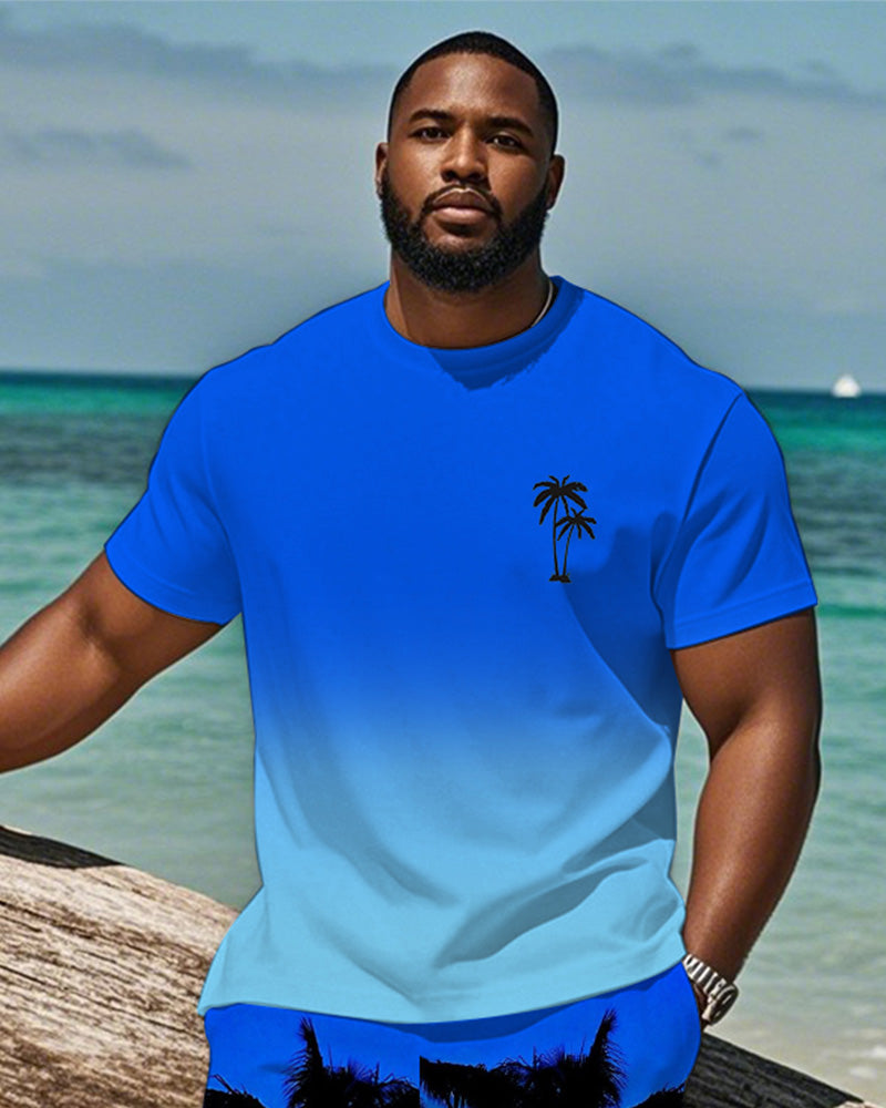 Men's Plus Size Hawaiian Gradient Blue Coconut Print Short Sleeve T-Shirt Shorts Suit