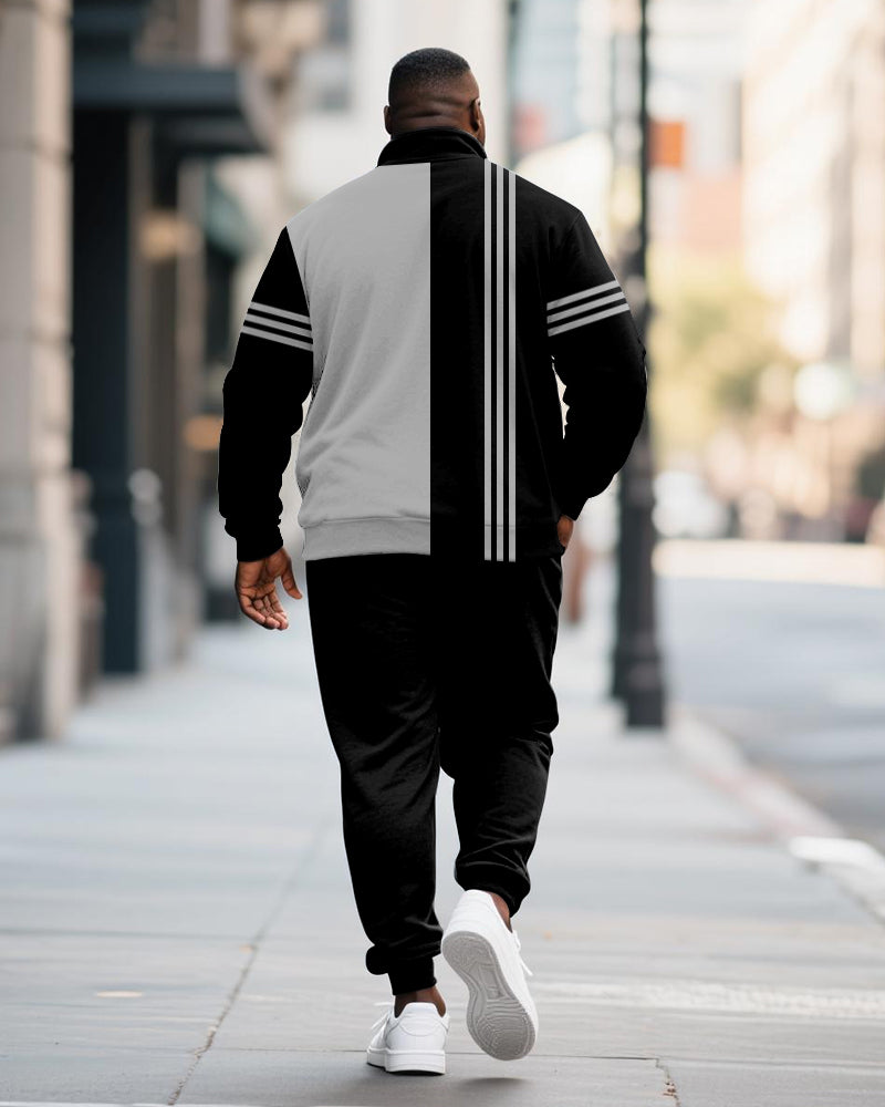 Big & Tall Men's Faith Stripe Colorblock Printed POLO Collar Zipper Long Sleeve Pants Two-Piece Set