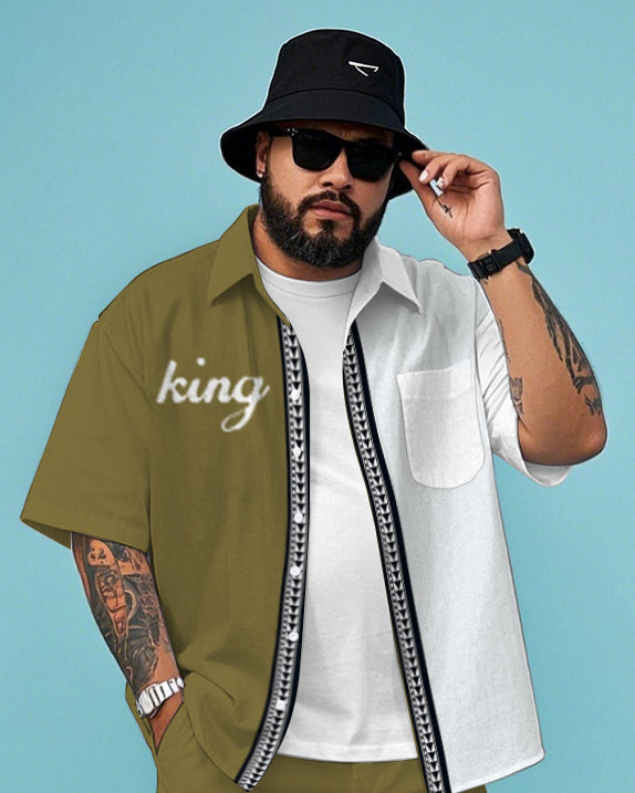 Big Men's Fashion King Letter & Splicing Placket Pattern Printed Short Sleeve Shirt and Shorts Set