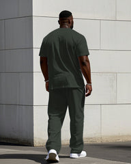 Men's Plus Size Gray Green & Camouflage Chest "Respect" Slogan Printed Short Sleeve T-Shirt Trousers Suit