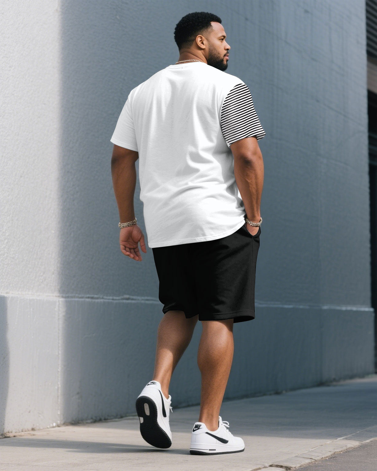 Men's Plus Size Stripe Patchwork White & Black Round Neck Short Sleeve T-Shirt Shorts Suit