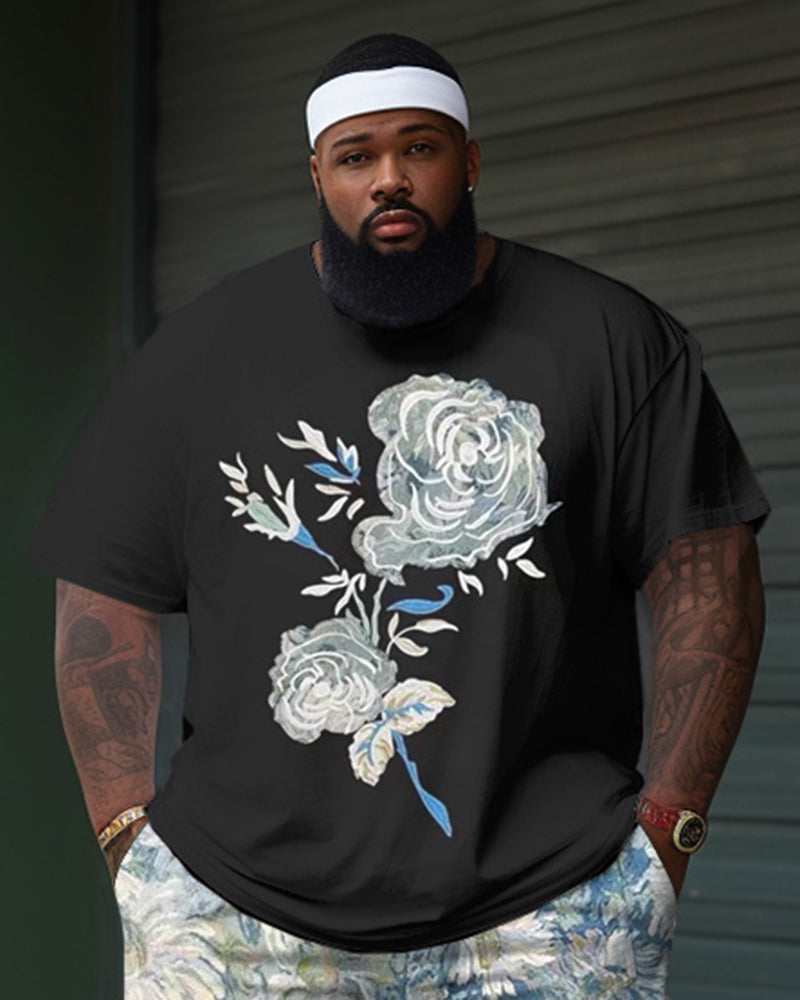 Men's Plus Size Casual Retro Chrysanthemum Flower Contrast Color Two-piece Set