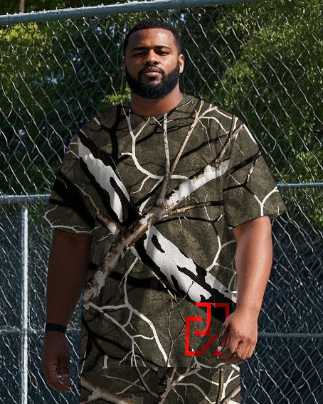 Men's Big & Tall Natural Style Retro Branch Printed Casual Short Sleeve T-shirt Pants 2-piece Set