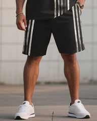 Big & Tall Men Black Striped Side Stitching Chest Slogan Printed Round Neck Short Sleeve T-Shirt Shorts Suit