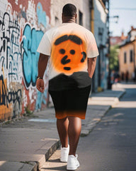 Men's Plus Size Street Graffiti Orange Fun Expression Print Round Neck Short Sleeve T-Shirt Shorts Suit