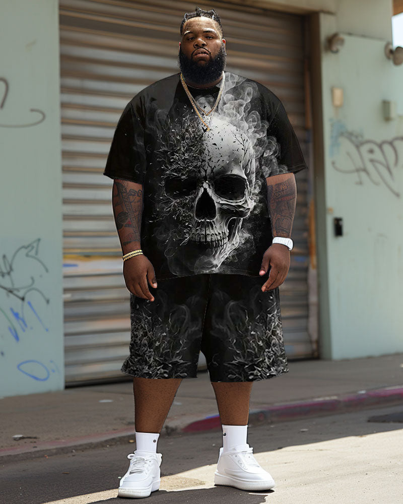 Men's Plus Size Casual Smoke Skull Print T-Shirt Shorts Set