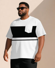 Big & Tall Men Black & White Chest Patch Pocket Round Neck Short Sleeve T-Shirt Shorts Suit