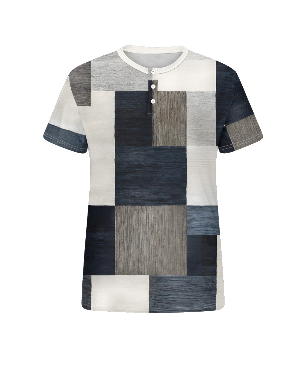 Men's Plus Size Daily Casual Blue And White Grey Geometric Print Henry Collar Button Short Sleeve T-Shirt