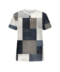 Men's Plus Size Daily Casual Blue And White Grey Geometric Print Henry Collar Button Short Sleeve T-Shirt