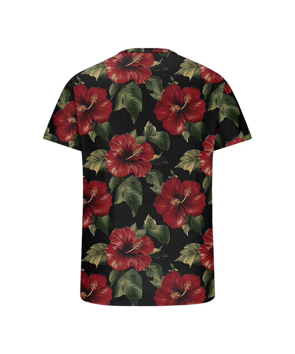 Men's Plus Size Hawaiian Red Floral Print Henry Collar Button Short Sleeve Tee