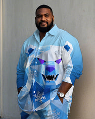 Big and Tall Men's Fashion Cool Bear Snowflake Printed Lapel Long Sleeve Shirt Pants Set
