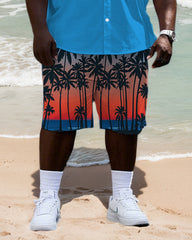 Big Men's Hawaiian Gradient Fashion Color Block Coconut Tree Printed Short Sleeve Shirt Shorts Set