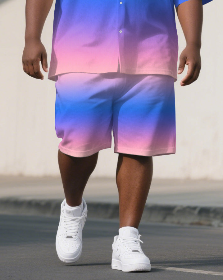 Big Men's Violet Theme Gradient Effect 2-Piece Short Sleeve Shirt and Shorts Suit