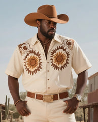 Men's Plus Size Western Denim Sunset & Textured Print Short Sleeve Shirt