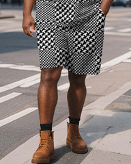 Men's Plus Size Business Houndstooth Checkerboard Printed Short Sleeve Polo Shirt Shorts Suit