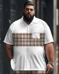 Men's Plus Size Simple Plaid Patchwork Printed Short-sleeved Shirt Suit
