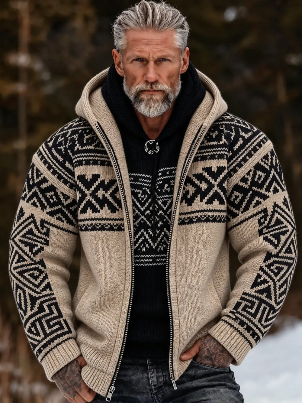 Men's Vintage Geometry Art Cozy Warm Knitted Jacquard Zipper Hooded Sweater