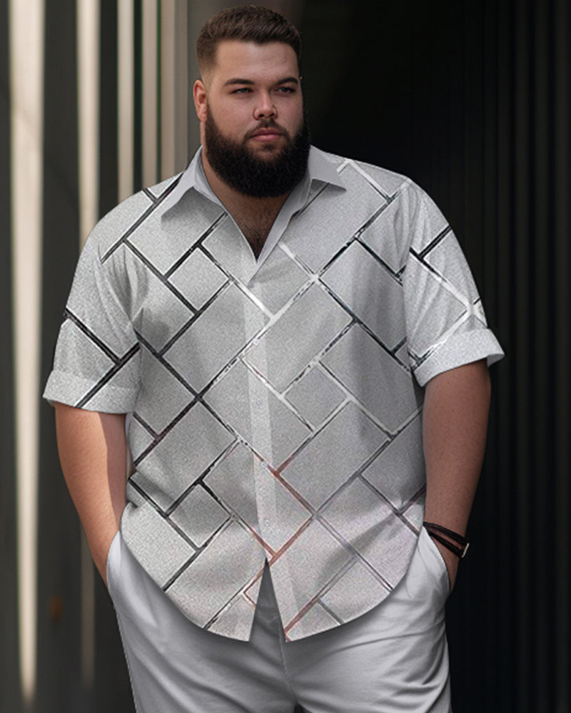 Rectangular Irregular Puzzle Printed Large Men's Short Sleeved Shirt Set