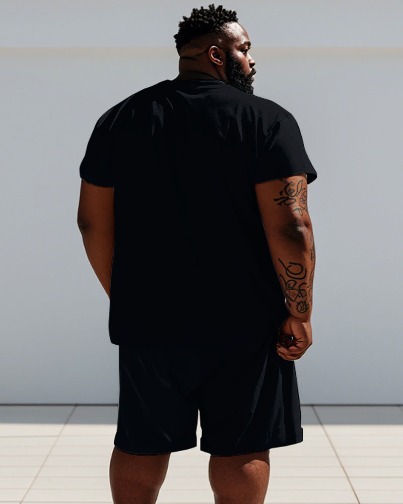 Men's Plus Size Street Black Graffiti Bear Print Short Sleeve T-Shirt Shorts Suit