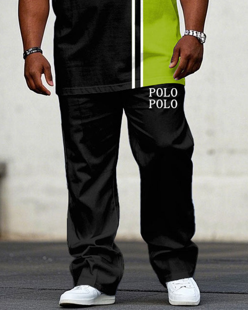 Men's Plus Size Casual Black & Green Chest Design Small Label Printed Short Sleeve T-Shirt Trousers Suit