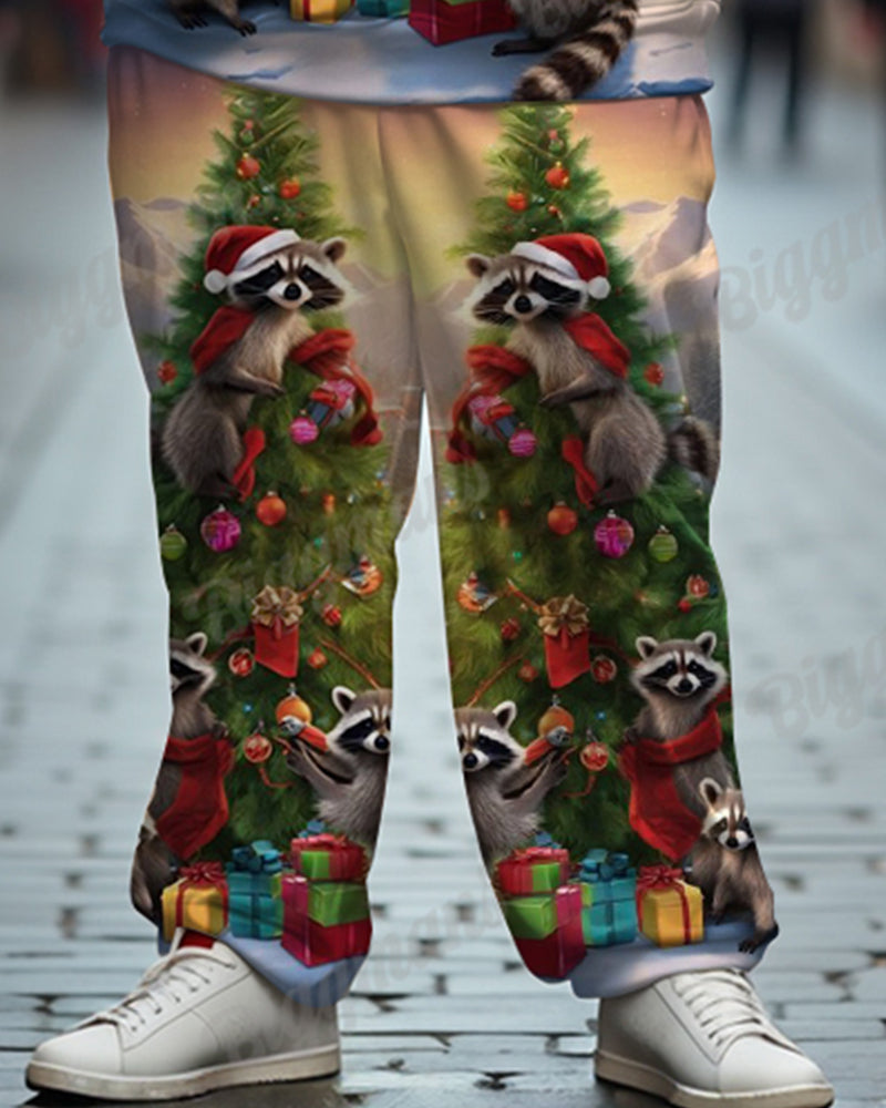 Men's Christmas Raccoon Christmas Tree Print Plus Size Hoodie Suit