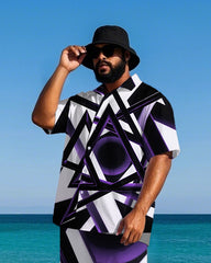 Big Men's Simple Triangle Geometric Pattern Printed Short-Sleeve Shirt and Shorts Set
