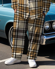 Men's Big & Tall Casual Retro Brown Plaid All Over Printed Long Sleeve Shirt Pants Set