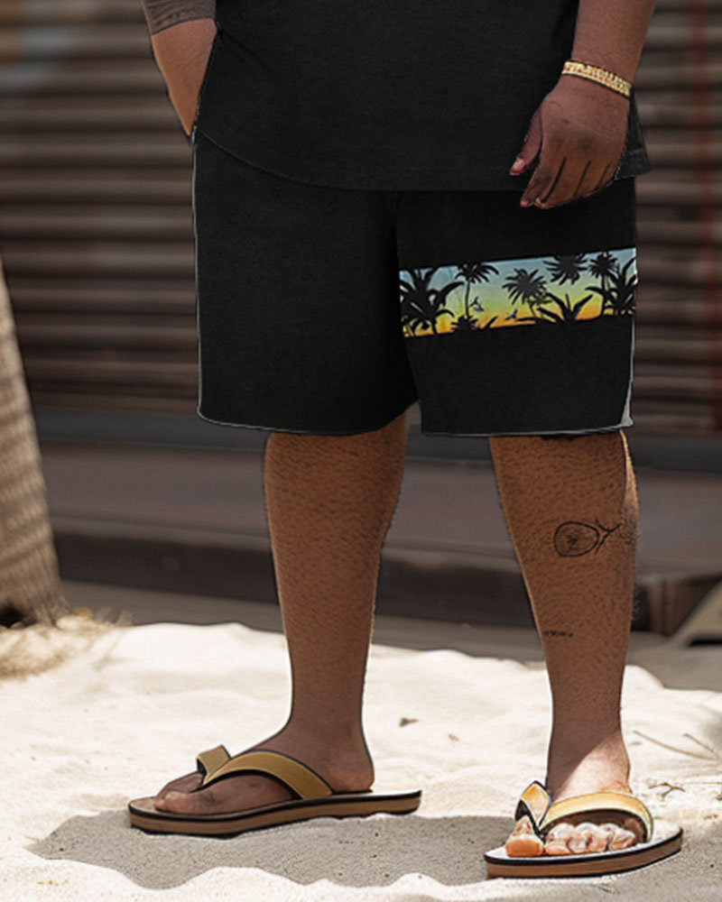 Men's Big & Tall Hawaiian Patchwork Coconut Tree Print T-Shirt Shorts Set