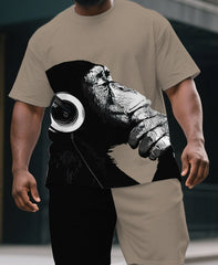 Men's Big & Tall Simple Pensive Gorillas Splicing Print Cartoon Casual Short-Sleeved T-shirt and Short Set