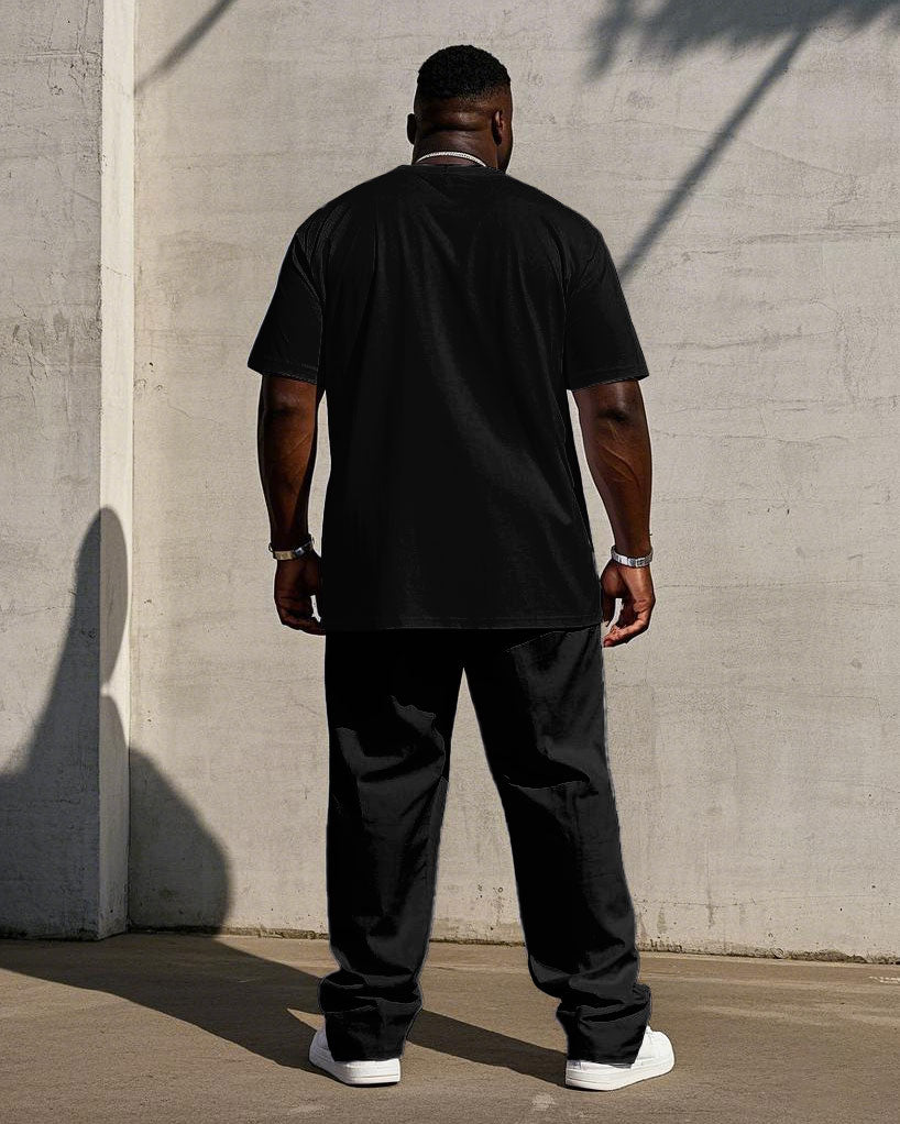 Big Men’s Black & Khaki Colorblock King Printed Short Sleeve T-Shirt Trousers Set