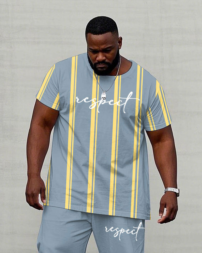 Men's Plus Size Casual Vertical Stripes Chest Handwritten "Respect" Slogan Printed Short Sleeve T-Shirt Trousers Suit