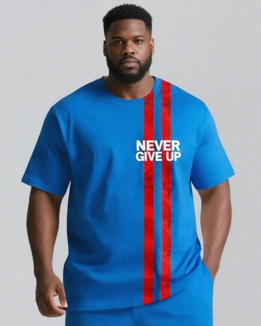 Real Strength Is Never Giving Up Men's Big and Tall Lettering Stripes Short Sleeve T-shirt 2-Piece Set