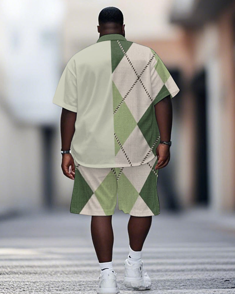 Men's Plus Size Street Fashion Green Patchwork Diamond Print Shirt Shorts Suit