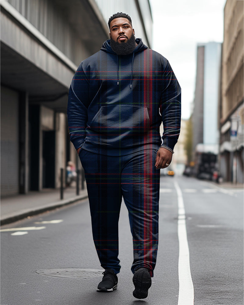 Men's Large Size Diamond Color Block Check Casual Hoodie and Sweatpants Two Piece Set