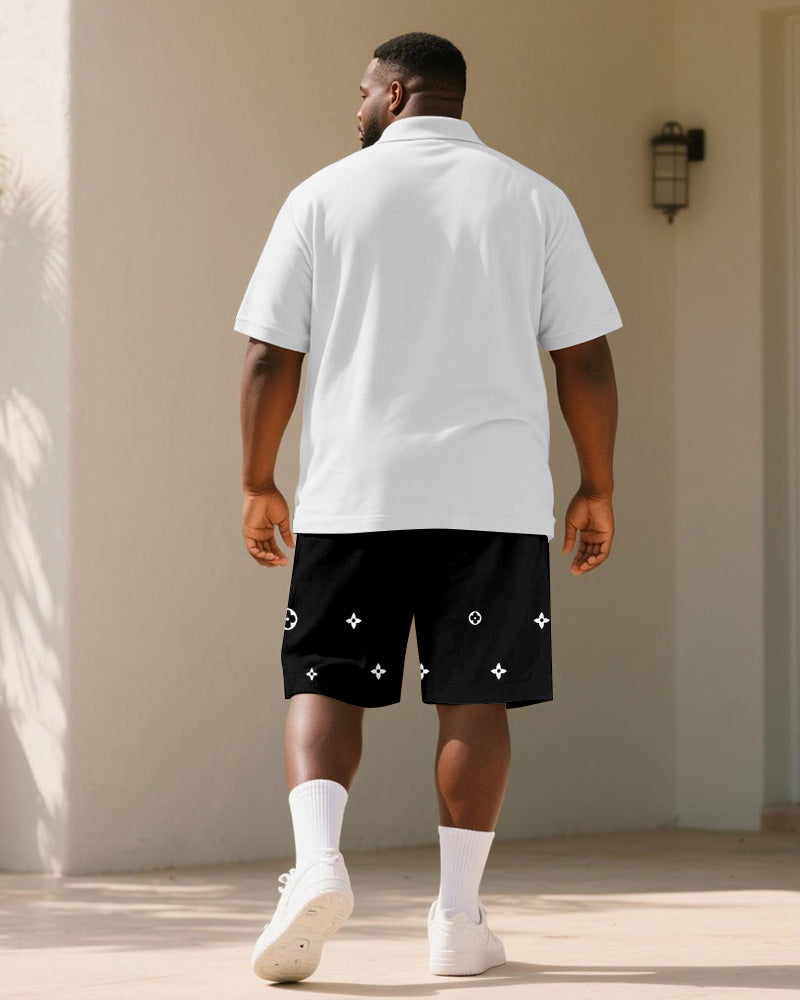 Big & Tall Men's Business Black And White Geometric Diamond Star Print Short Sleeve Polo Shirt Shorts Suit