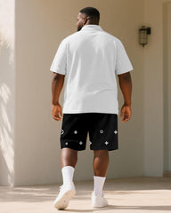 Big & Tall Men's Business Black And White Geometric Diamond Star Print Short Sleeve Polo Shirt Shorts Suit