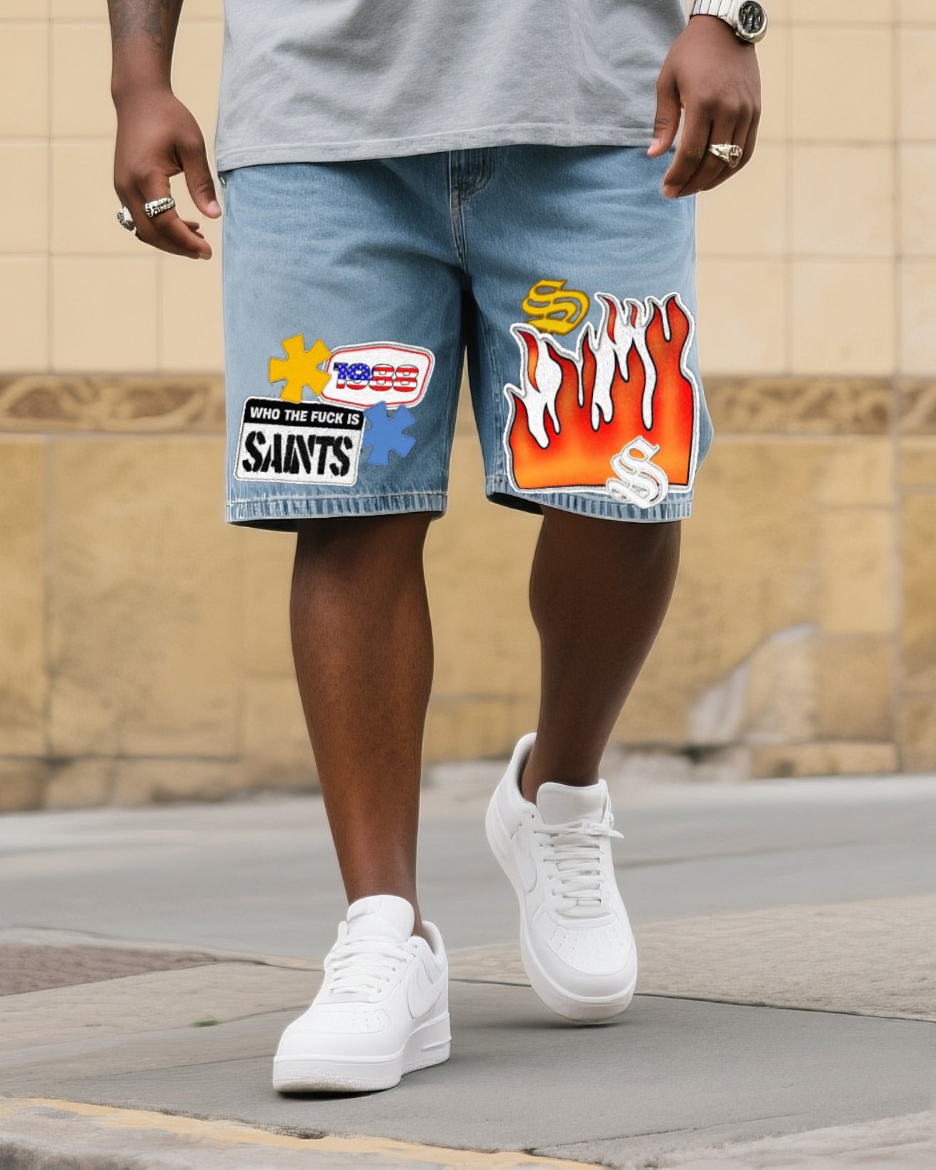 Big & Tall Men's Fashion Street Personality MOLLY T-Shirt Small Label Shorts Denim Suit