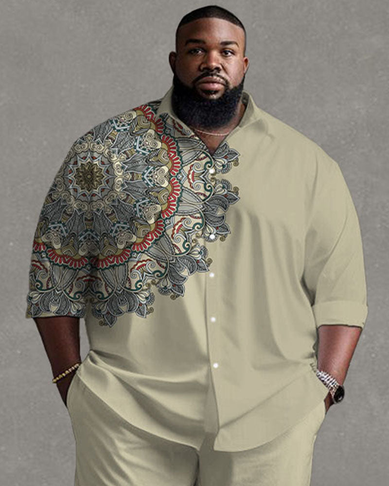 Big Guy’s Daily Casual Simple Shoulder Vintage Print Long Sleeve Shirt Trousers Set