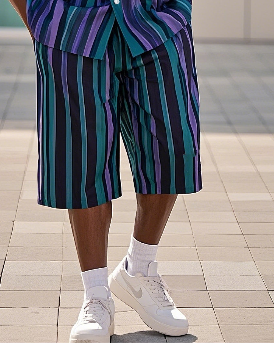 Big Men's Green Purple Striped Color Block Printed Short Sleeve Shirt Shorts Suit
