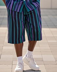 Big Men's Green Purple Striped Color Block Printed Short Sleeve Shirt Shorts Suit